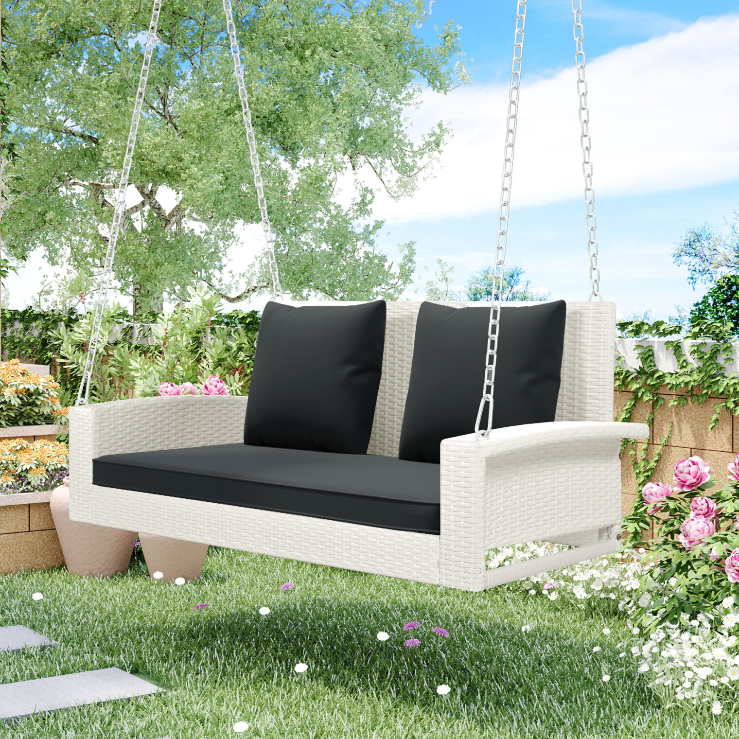 2-Seats Wicker Hanging Porch Swing Chair Outdoor, Patio Swing w/Cushion, Pillow, Capacity 500lbs, Swing Chair for Garden, Backyard, Deck, White